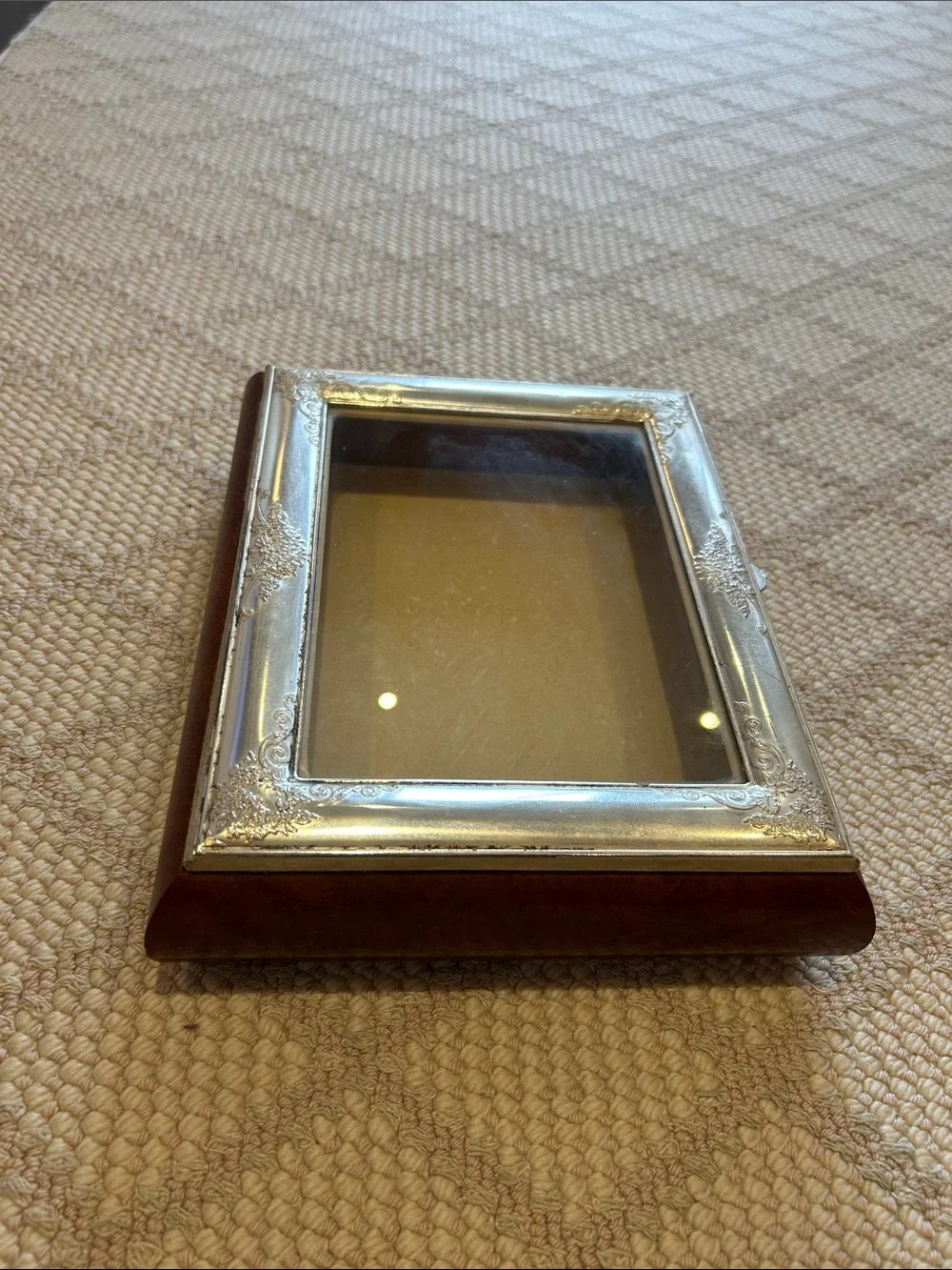 Italian Wood and Silver Glass-Top Jewelry and Keepsake Box